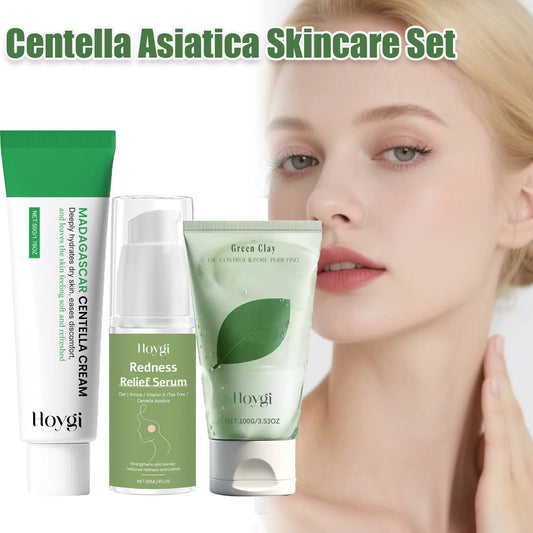 Centella Asiatica Skincare Set Green Clay Cleanser Centella Cream & Serum For Sensitive & Acne Prone Skin Moisturizing Soothing